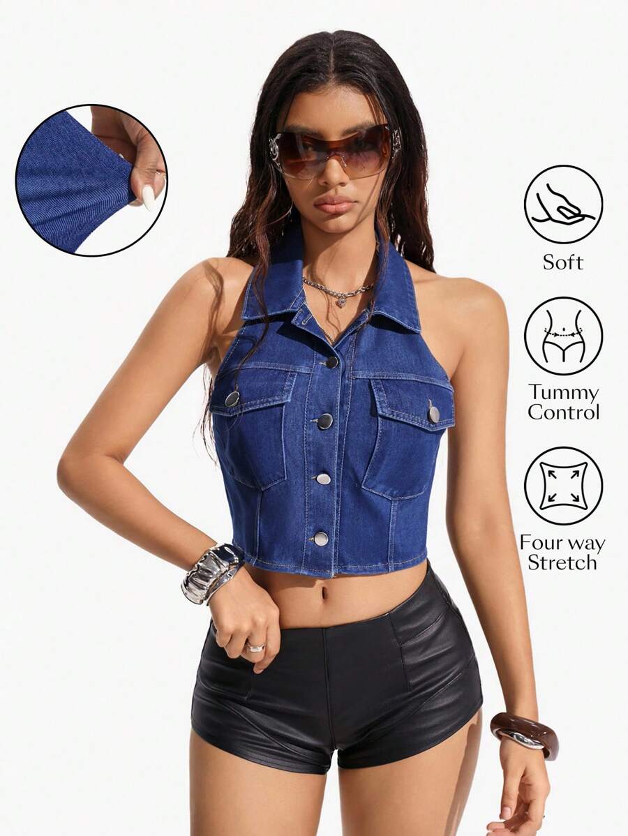 Flexra Sleeveless Solid Color Front Button Neck Backless Denim Jacket - Dark Wash - View 1