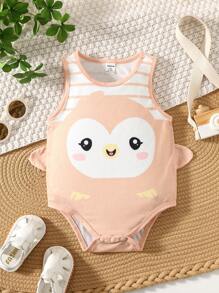 SHEIN Infant Unisex Penguin Pattern Knit Soft Crew Neck Sleeveless Bodysuit, Casual And Versatile - Khaki - View 1