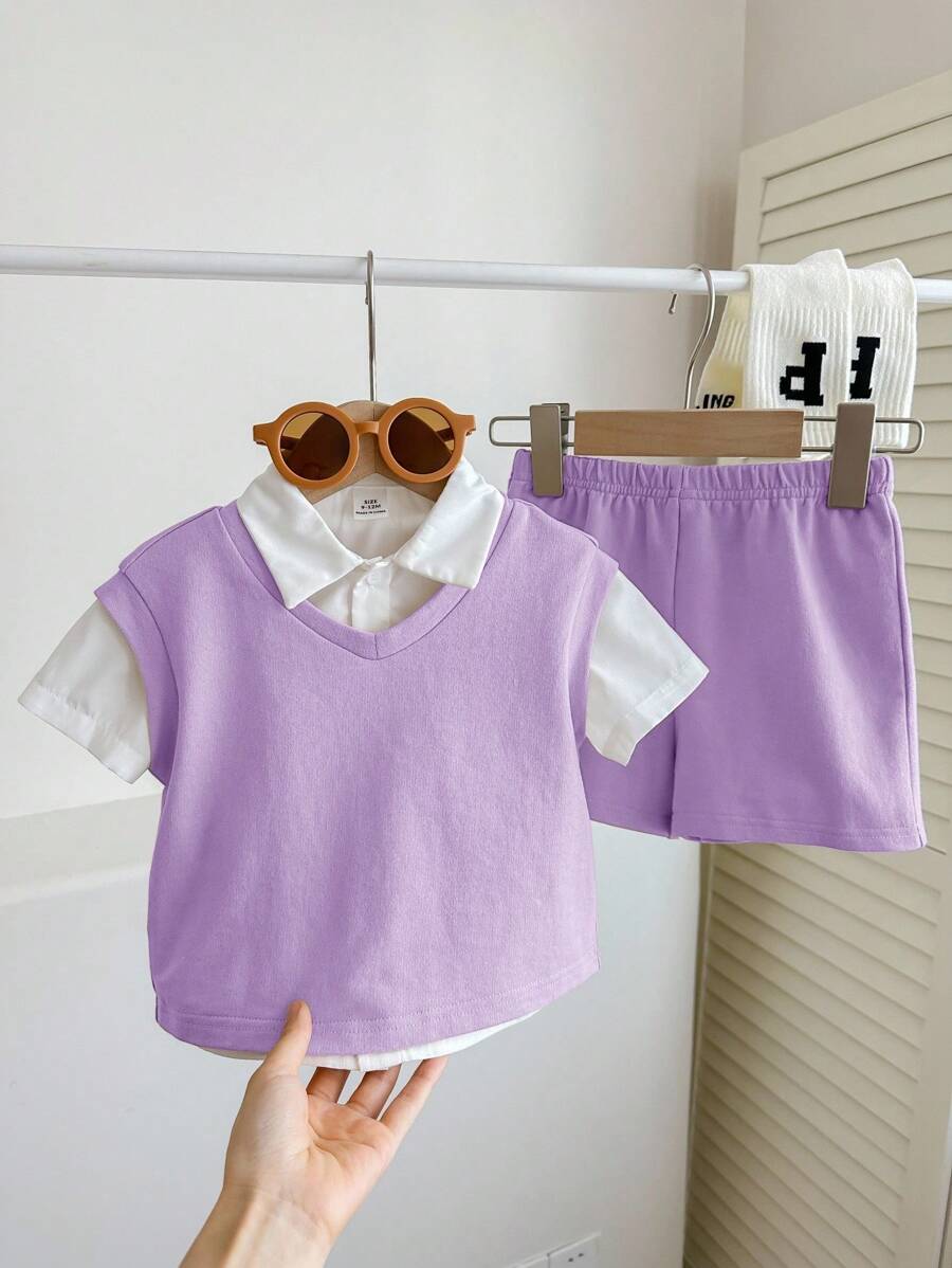 3-teiliges Lässig-Set für Baby Jungen: lila & weiße ärmellose Weste, Kurzarmhemd mit Kragen, Shorts - vielseitiges Outfit für Schule, Outdoor, Zuhause