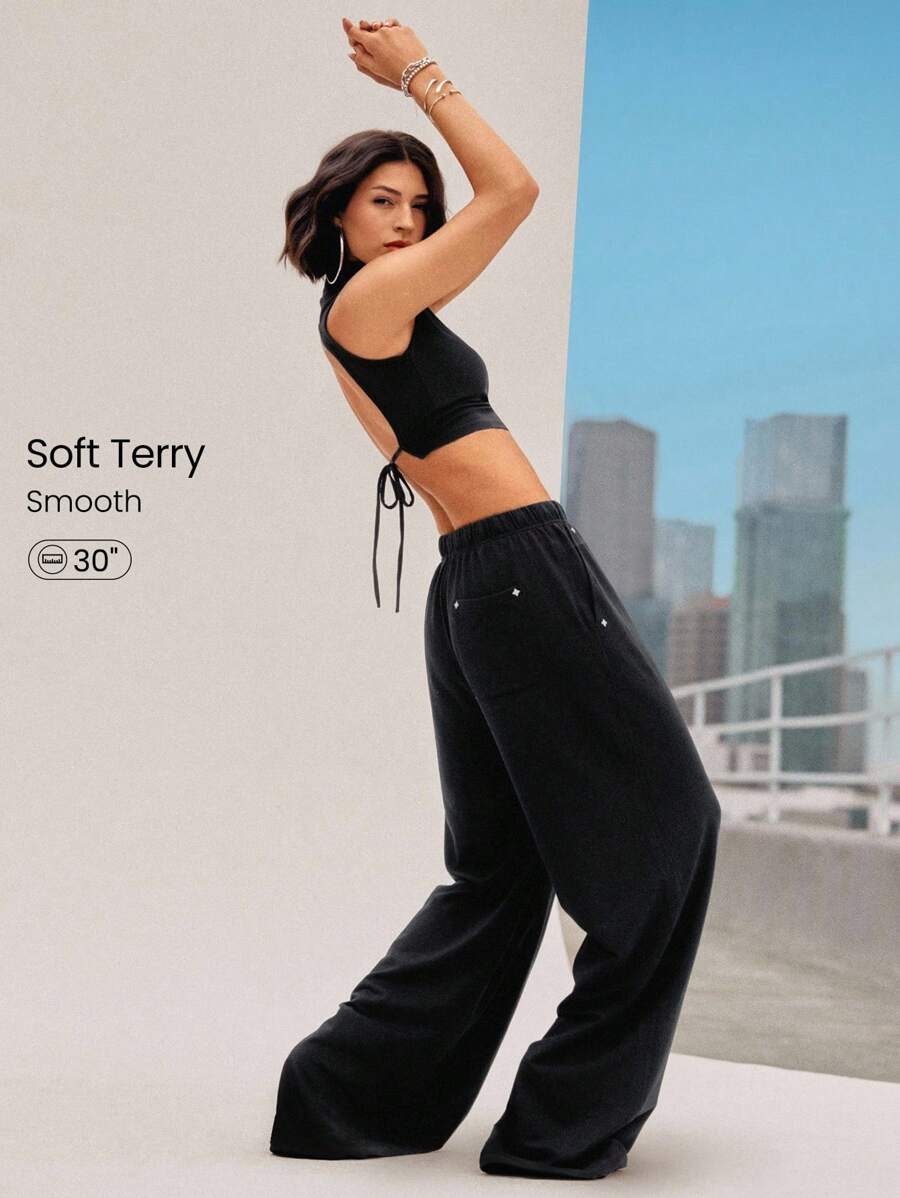 GLOWMODE Move And Grove Soft Smooth Reflective Pockets Drawstring Waist Smooth Oversized Baggy Wide Leg Sweatpants Dancing Daily Casual Wear  Spring Summer - Black - View 1