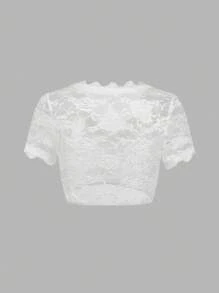 SHEIN Frenchy Women's V-Neck Lace Trim Short Sleeve Casual Cropped Top Oktoberfest Dirndl Tops Oktoberfest Tracht Oktoberfest Wiesn Bierfest Oktoberfest Dirndl Oktoberfest Festival Lace Crop Top Summer White - White - View 7