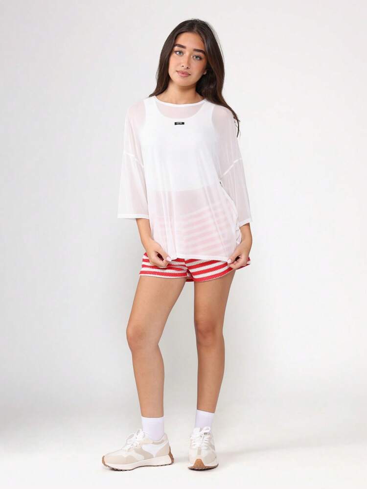 Sheer Mesh Overlay T-Shirt With Quarter Length Sleeves