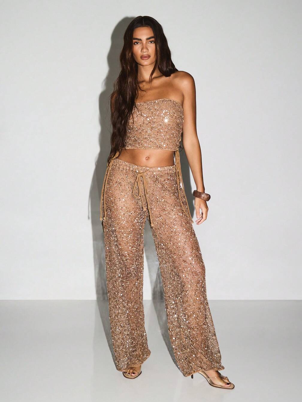 KIZN Sequin Crochet Crop Bandeau Top And Palazzo Pants Festival