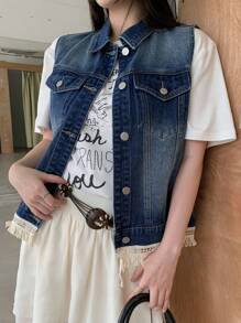 DAZY 女士夏季翻领蕾丝流苏边水洗牛仔背心女式夹克，秋季女装 - 藍色 - 查看 4