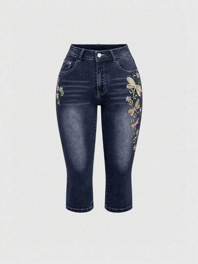 Fairycore Women Y2k Summer Retro Dragonfly Embroidery Capri Super Low Waist Jeans