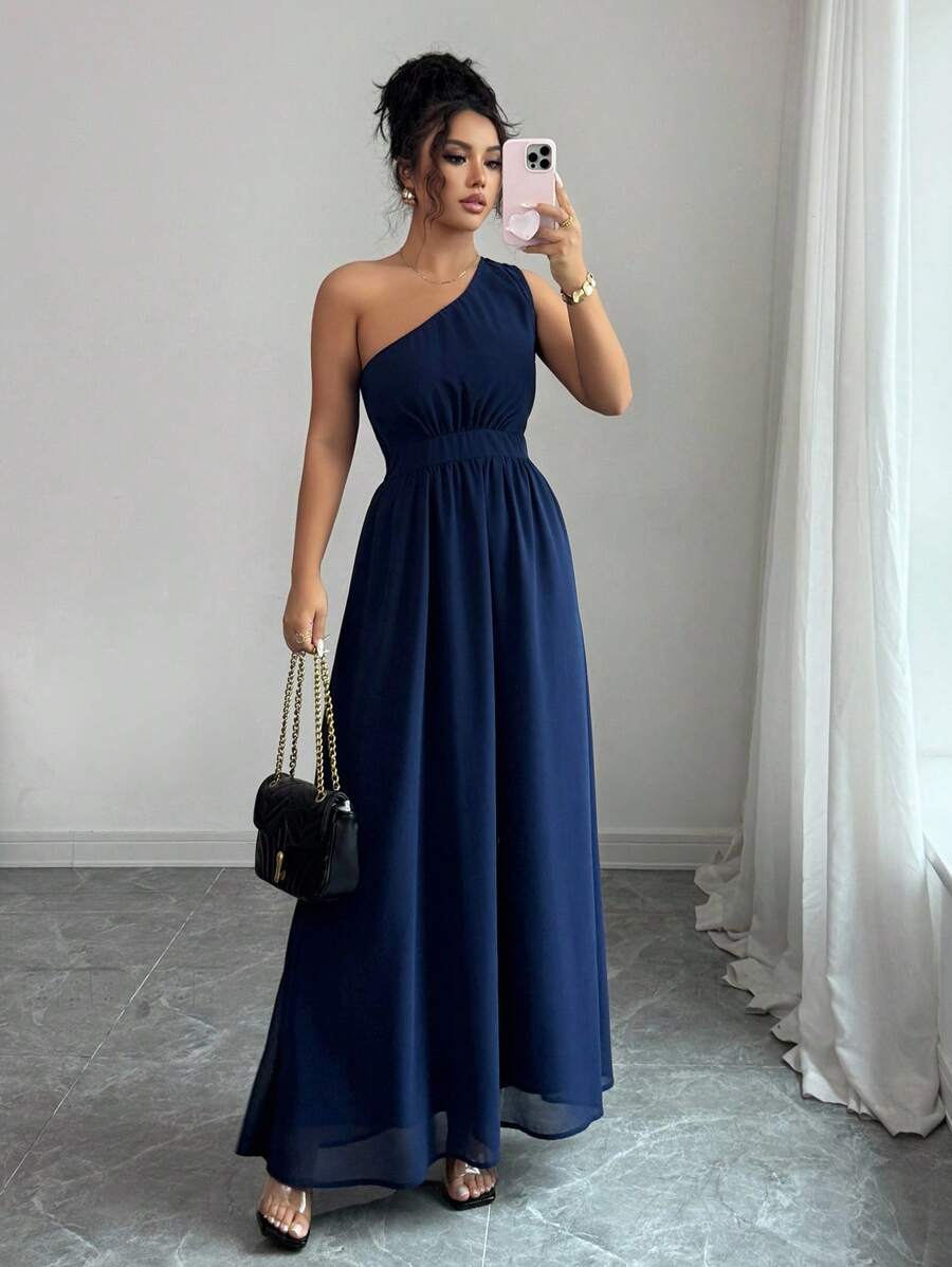 Selianne Women Solid Chiffon One Shoulder Fitted Midi Dress - Navy Blue - View 1