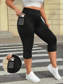 SHEIN EZwear Mallas capri de talla grande de color liso con bolsillo lateral y cintura alta