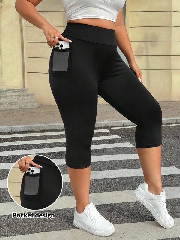 SHEIN EZwear Leggings capri cu buzunare laterale cu talie înaltă, ocazional, cu dimensiuni mari