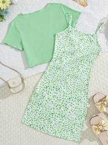 SHEIN Vintaside Kids 青少年女孩度假休闲纯色抽绳上衣和小碎花吊带裙两件套