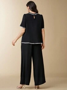 EMERY ROSE Plus Size Black Summer Elegant Formal Evening Wedding 2 Pieces Set, Sequin Ribbon Lantern Sleeve Blouse & Cinched Waist Baggy Pants Party Ladies Outfits - Black - View 2