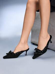 CUCCOO GRLICON Women's Pointed Toe Low Vamp Sexy Bow Knot Metal Rivet Chunky Heel Sandals - Black - View 6
