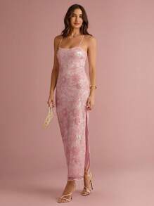Enchnt Spring/Summer Romantic Women's Sequin Floral Embroidery Spaghetti Strap Fitted Maxi Dress,Chic&Elegant For Party&Date&Holiday&Graduation&Going Out - Pink - View 6