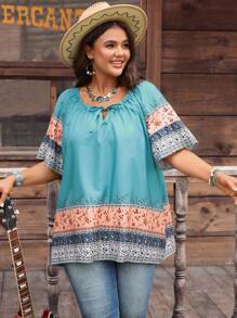 EMERY ROSE Plus Size Vacation Casual Color Block Ditsy Floral Shirt Boho Tops Plus Size Boho Blouses Boho Shirts Women Plus Size Summer Tops Fall Women Country Concert Rave Festival Western Wear Women Top - Multicolor - View 5