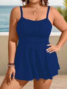 Swim Lushoire Plus Size Women 2pcs/Set Solid Color Spaghetti Strap Minimalist Style Tankini Swimsuit For Summer Beach Vacation - Blue - View 5
