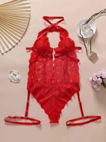 SHEIN Plus Size Women's 4-Piece Lace Lingerie Set Bridallingerie - Red - View 5