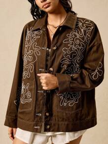 Easelle 女装春夏复古休闲波西米亚风欧美女孩个性时尚前卫现代街头重工抽象图案刺绣棉质翻领宽松棕色谷仓夹克秋冬 - 棕色 - 查看 7