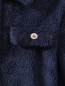 青少年女孩纯色长袖仿毛领夹克 - 藏蓝色 - 查看 4
