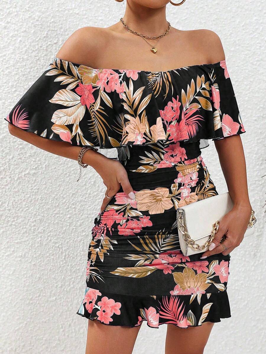 Selianne Plants Print Off Shoulder Ruffle Trim Ruched Bodycon Dress Vacation Beach Outfits Women - Black - View 1