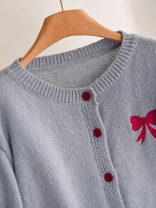 CosyJoli 秋冬大码女式蝴蝶结刺绣长袖单排扣开衫 - 灰色 - 查看 4