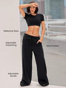 GLOWMODE Move And Grove Soft Smooth Reflective Pockets Drawstring Waist Smooth Oversized Baggy Wide Leg Sweatpants Dancing Daily Casual Wear  Spring Summer - Black - View 3