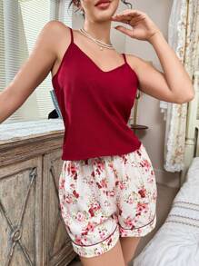 CottageSlumber Romantic-Flora Burgundy Spaghetti Strap Pajama Set With Floral Shorts For Summer Lounging Women Pajama Set Pj Sets For Women Summer Summer Lounge Sets For Women Cami Pajama Set 2 Piece Short Sets Woman - Burgundy - View 5