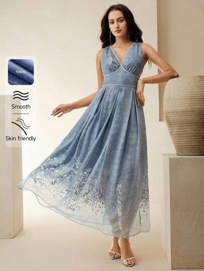 Anewsta Women's Denim Tencel V-Neck Tiered A-Line Dress, Elegant New Design For Spring Summer