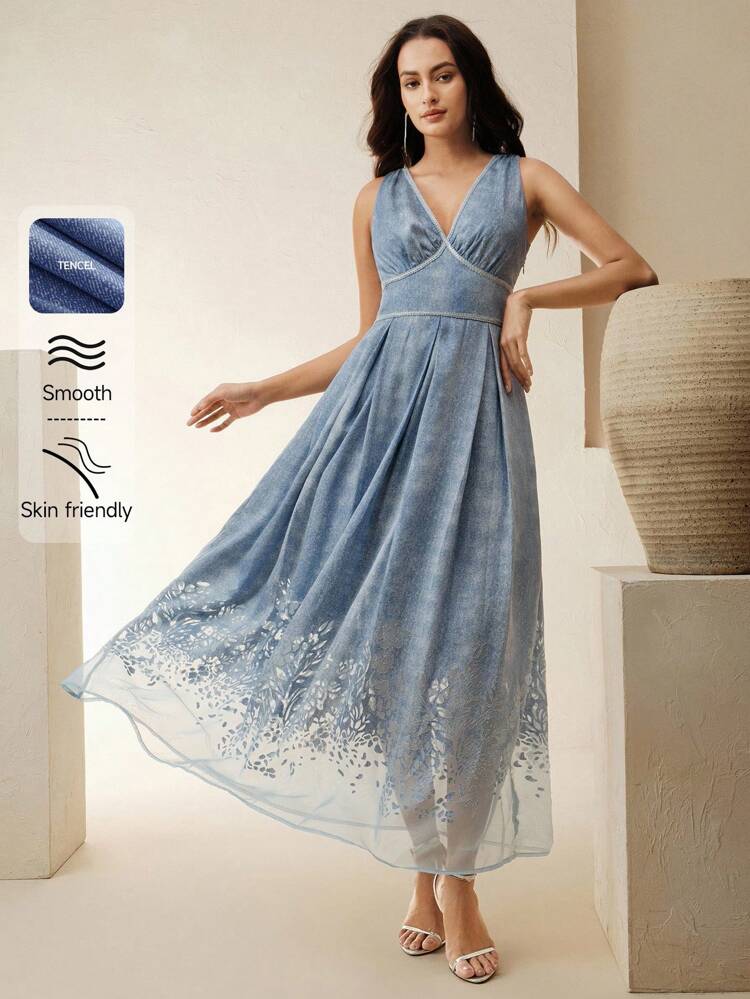 Women's Denim Tencel V-Neck Tiered A-Line Dress, Elegant New Design For Spring Summer