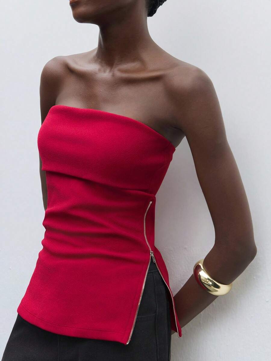 Maija 纯色罗纹针织抹胸，女士秋季服装，圣诞女装 - 酒紅色 - 查看 1