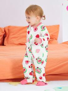 CoComelon X SHEIN 女婴西瓜印花可爱连脚连体睡衣 - 紅白色 - 查看 3