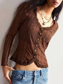 Bohemela Women Casual Solid Color Knitted V-Neck Contrast Lace Long Sleeve Blouse, For Autumn' Brown Lace Top Brown Long Sleeve Top Brown Button Down Top