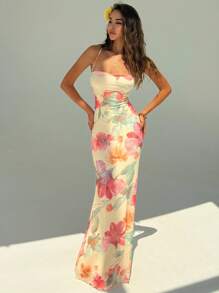 Aloruh Women's Elegant Floral Print Backless Dress Summer Summer Outfits Summer Clothes Beach Outfits For Woman  Beach Vacation Vacation Outfits Woman Boho Tropical Vacation Woman Clothe Tropical Vacation Woman Clothe Wedding Anniversary Bridesmaid Party Date Sexy Wedding Guest Dress Women Bridal Shower Dress White  Elegant Modest Fairycore