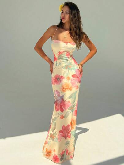 Aloruh Vestido con estampado floral elegante y espalda descubierta para mujer