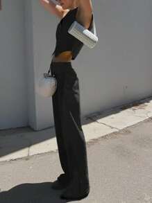 INAWLY Bộ 2 quần không tay cổ chữ V cài nút phía trước cho nữ và túi trang trí - màu đen - Xem 3