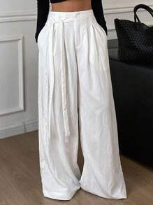 Livesso Women's Pleated Loose Tie-Front Wide Leg Pants, Casual City Style