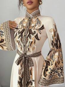 Elenzga Women's Elegant Collar Patchwork Lace Shoulder Long Sleeve Graphic Thanksgiving Teacher's Day Shirt Dress With Belt, Autumn Fall Cloth For Women