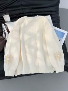 Firerie Plus Size Elegant French Embroidery Color Block Fancy Knitted Pullover Sweater Top For Women Fall/Winter - Beige - View 2