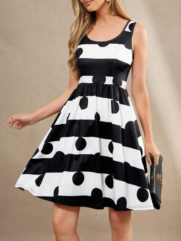 Amorya Women Crew Neck Sleeveless Cinched Waist Slimming Geometric Print A-Line Elastic Knit Elegant Casual Dress, Suitable For Spring And Summer