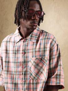 SUMWON Retro Rutig Skjorta Med Broderad Märke Casual Boxig Kortärmad Klassisk Sommar Vår Festival Streetwear Topp - Multifärgad - Visa 3