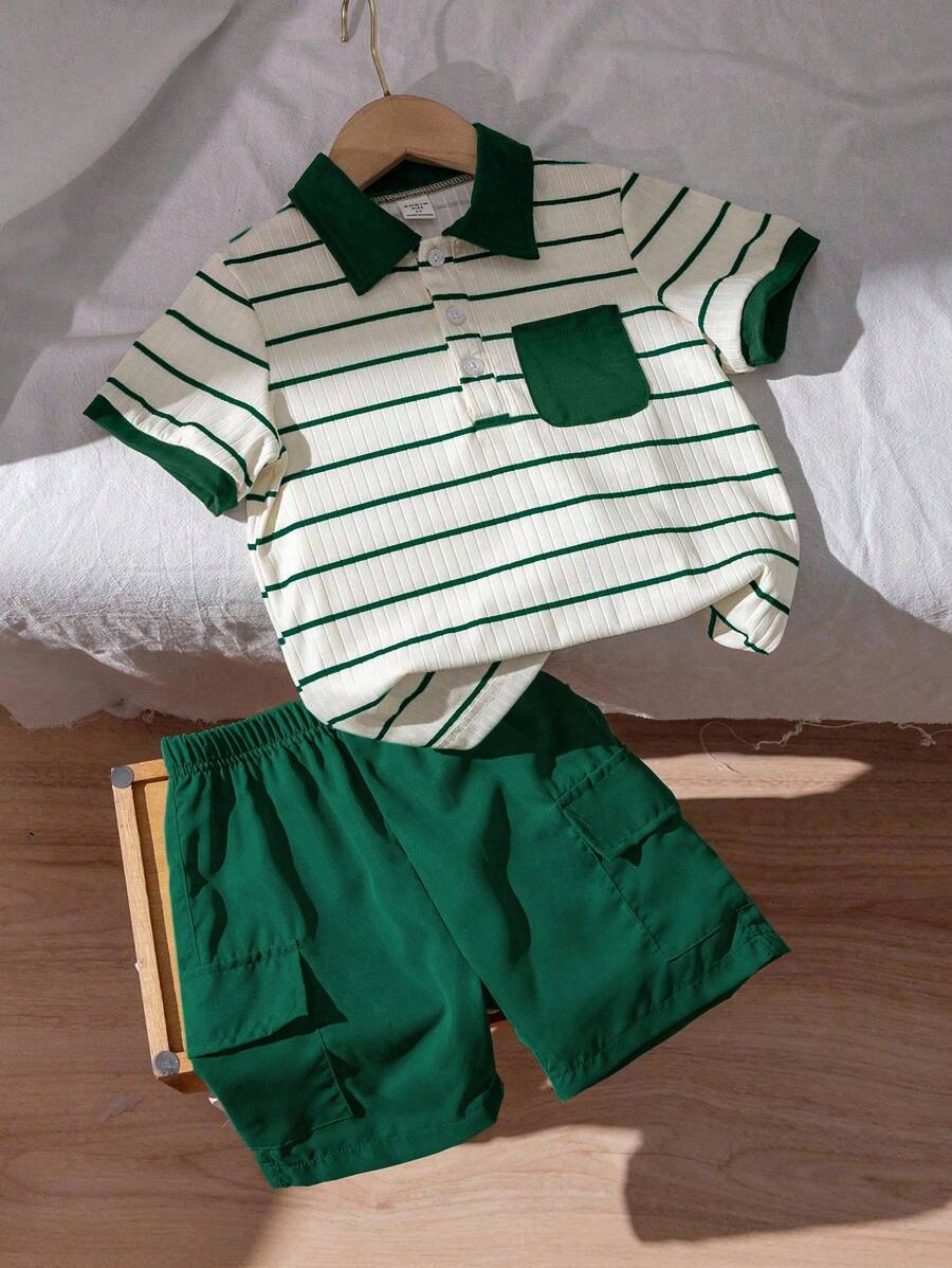 SHEIN 2pcs/Set Young Boy Summer Textured Striped Polo Collar Top And Cargo Pants Outfit - Dark Green - View 1