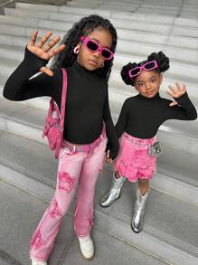 2pcs Young Girl Black Solid Color Knit Crew Neck Long Sleeve Fitted Top, Sibling Matching Outfits (Sold Separately)