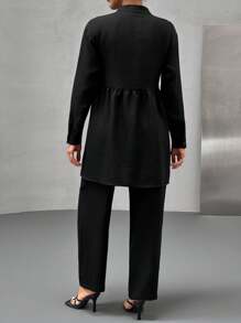 EURMUSE Set de bluză și pantaloni cu detalii de perle pentru femei, asortat, ținută din 2 piese, fustă și pantaloni - Negru - Vizualizare 2