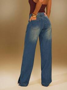 Denimoi Straight Leg Ankle Slit Button Detail Denim Jeans - Medium Wash - View 4