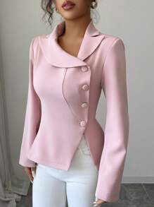 Elenzga Blazer élégant et mode pour femme, style décontracté pour le travail, avec une conception de col asymétrique, manches longues et ouverture sur le côté de la taille, en couleur unie