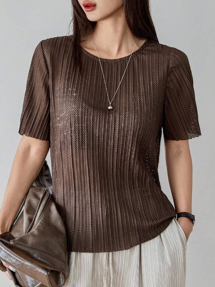 Women's Loose Casual Striped Hollow-Out Crew Neck Short Sleeve T-Shirt, Simple Office/Commute Wear, Summer Business Casual Woman