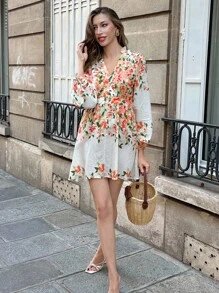 Pariaura Women's Vacation Floral Print V-Neck Lantern Sleeve Fashionable Dress Fall Cloth For Women