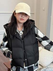 DAZY Tween Girls Winter Hooded Solid Color Casual Padded Vest - Black - View 9