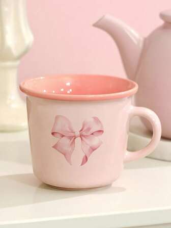 Kawaii 1 pieza Taza de café de cerámica de color, taza de agua simple rosa para el hogar, apta para lavavajillas y microondas, taza con diseño de lazo, estilo kawaii, adecuada para restaurante u hogar, decoración del hogar