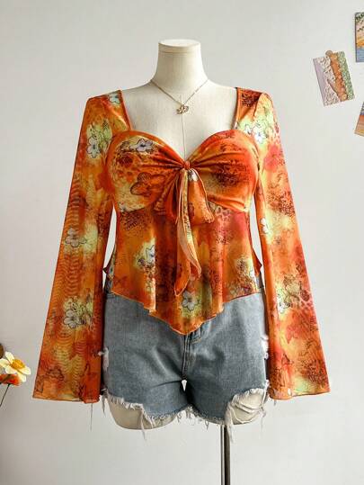 Soleia Plus Size Women Vacation Babydoll Top, Tie Neck Floral Print Long Sleeve Blouse, Back To School Autumn