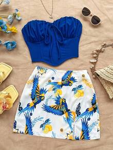 Soleia Women White And Blue Floral Boho Tube Top & Skirt Set,Beach Vacation 2 Pieces Outfit,Tropical Print Music Festival Club Summer Set  No Chest Padding - Multicolor - View 1