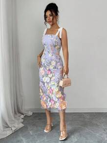 Selianne 2pcs Set: Elegant Tie Front Top With 3D Floral Embroidery And Matching Skirt - Multicolor - View 7